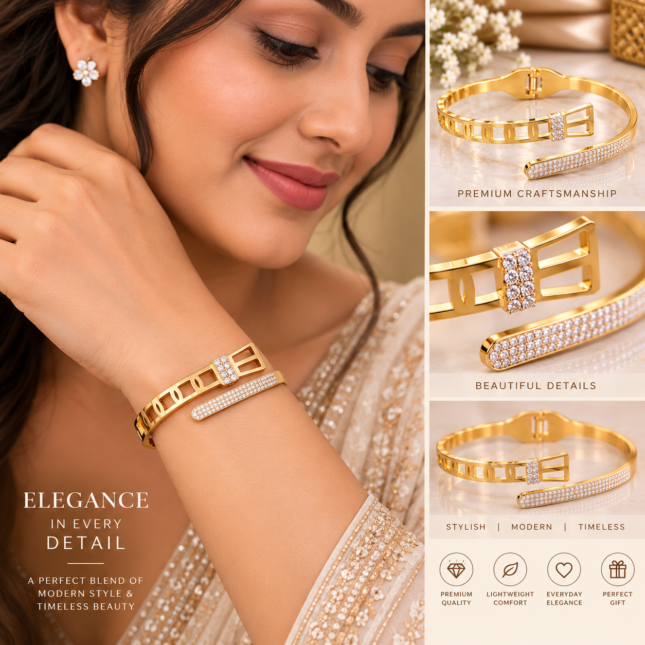 Golden Geometric Crystal Cuff Bracelet
